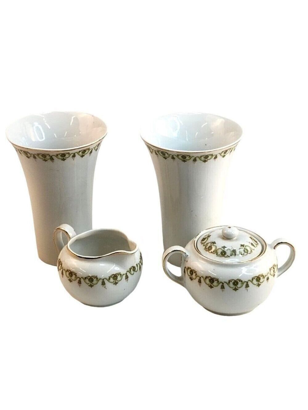 Victoria Austria Green Floral Sugar Creamer Set Vases Gold Edging